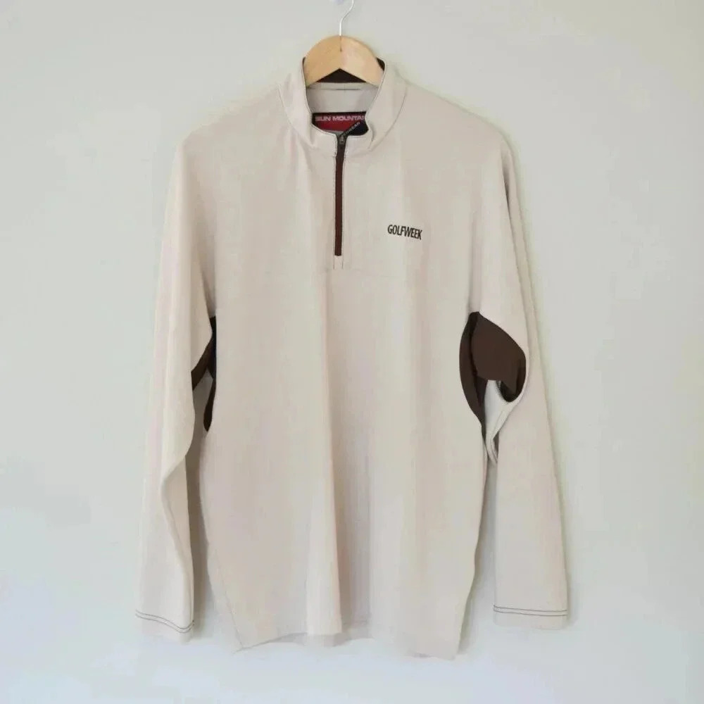 SUN MOUNTAIN OUTERWEAR Long Sleeve Golf Shirt In Cream & Brown Size Large